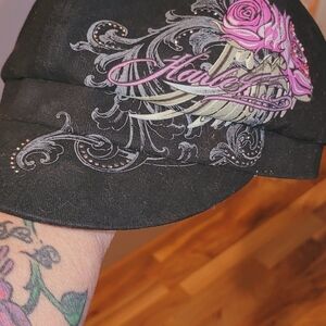 Black Cap with Pink and Gray Embroidery